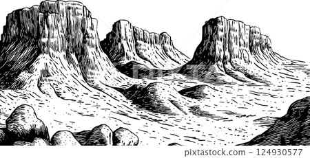 A detailed black and white illustration of a desert landscape featuring rugged mesas and rolling hills. The scene captures the arid terrain with a stark, dramatic style. A detailed black and white illustration of a desert landscape featuring rugged mesas and rolling hills. The scene captures the arid terrain with a stark, dramatic style. 124930577