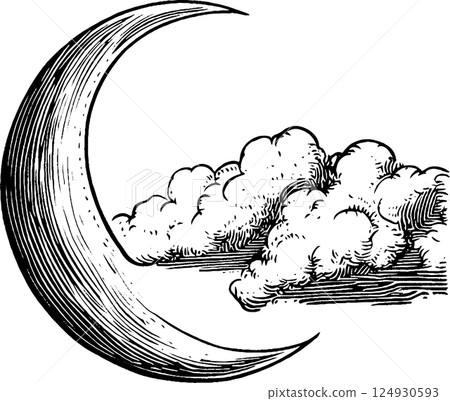 Vintage Crescent Moon with Clouds Illustration 124930593
