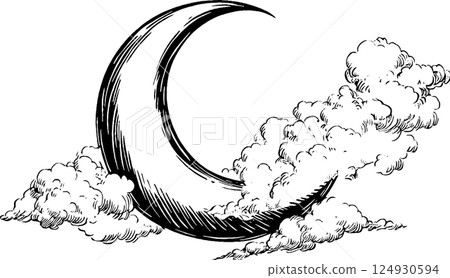 Crescent Moon with Clouds Illustration 124930594