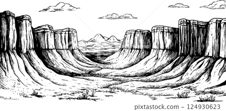 Black and White Canyon Landscape Illustration 124930623