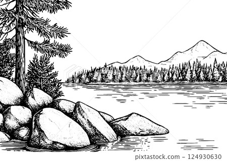 Serene Lakeside Scene in Black and White 124930630