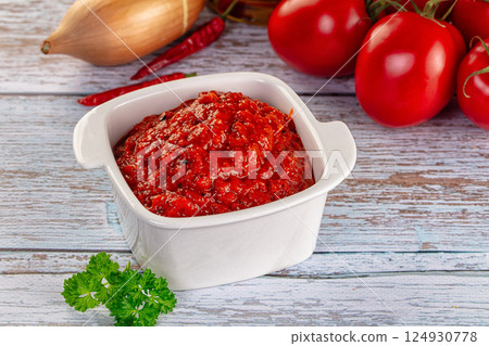 Bulgarian traditional lutenica pepper sauce Bulgarian traditional lutenica pepper sauce 124930778