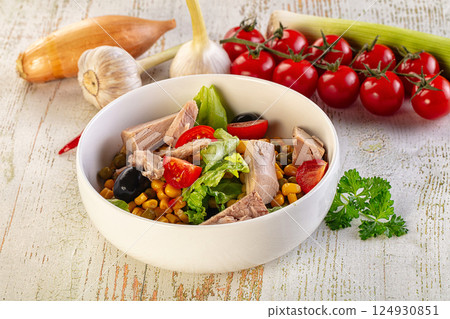 Dietary salad with canned tuna and corn Dietary salad with canned tuna and corn 124930851