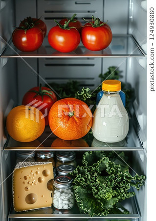 Refrigerator with healthy food. The refrigerator is stocked with nutritious ingredients, making it easy to prepare healthy meals every day. Vertical photo. 124930880