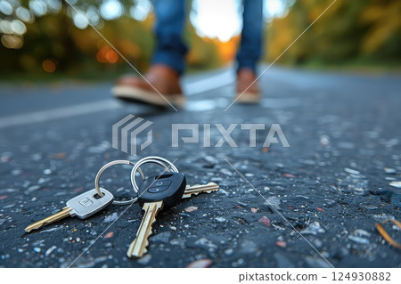 A lost keys on the street and a blurred crowd of people on a city street. A moment captured: lost keys amidst the city's lively crowd. A lost keys on the street and a blurred crowd of people on a city street. A moment captured: lost keys amidst the city's lively crowd. 124930882