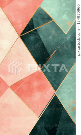 Colorful geometric patterns featuring green, pink, and golden hues in modern design 124930960