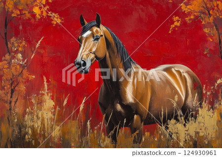 Majestic brown horse standing gracefully in a vibrant autumn landscape with red backdrop 124930961