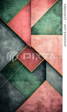 Colorful geometric patterns featuring green, pink, and golden hues in modern design 124930964