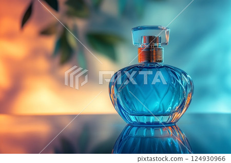 Elegant blue perfume bottle set against a soft glowing background Elegant blue perfume bottle set against a soft glowing background 124930966