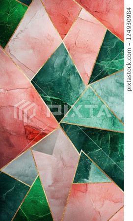 Colorful geometric patterns featuring green, pink, and golden hues in modern design 124930984