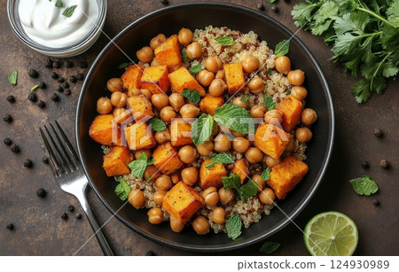 Healthy chickpea and roasted squash salad with fresh herbs and lime 124930989