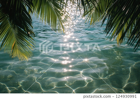 Vibrant underwater view with sunlight filtering through tropical leaves in clear blue water 124930991