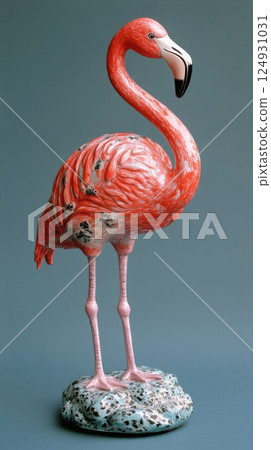 Elegant flamingo standing gracefully against a blue background in a serene indoor setting 124931031