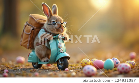 Cute bunny riding scooter with backpack and Easter eggs 124931087