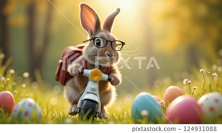 Cute bunny on a scooter delivering Easter eggs in spring 124931088