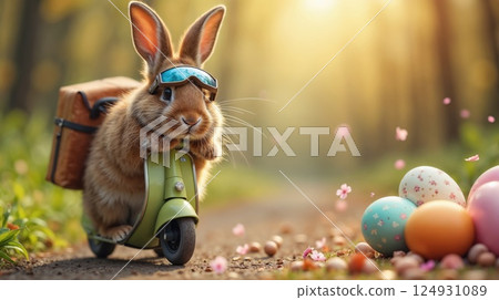 Adorable Easter bunny riding a scooter with eggs 124931089