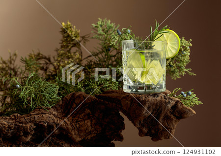 Refreshing hard seltzer with ice, lime, and rosemary on an old snag. Refreshing hard seltzer with ice, lime, and rosemary on an old snag. 124931102