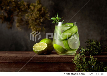 Refreshing hard seltzer with ice, lime, cucumber, and rosemary. 124931106