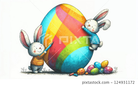 Two bunnies decorating a giant colorful Easter egg Two bunnies decorating a giant colorful Easter egg 124931172