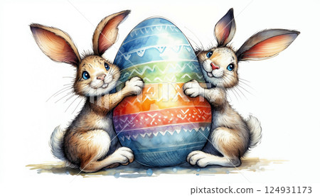 Two bunnies holding a large colorful Easter egg 124931173