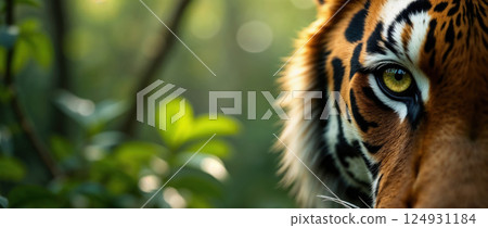 Intense tiger's gaze in a lush green forest 124931184