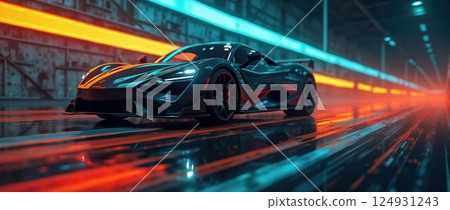 A sleek sports car in a neon-lit industrial setting 124931243