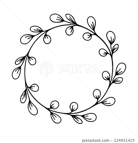 An artistic and playful wreath featuring varying line weights, whimsical curves, and both bold and subtle designs. 124931425