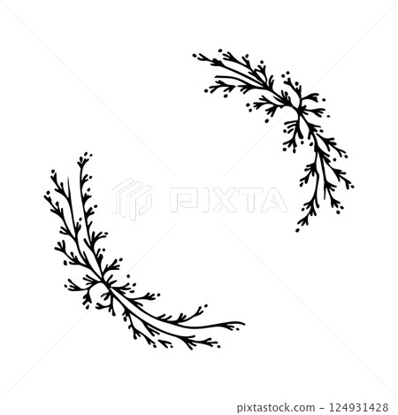 An artistic and playful wreath featuring varying line weights, whimsical curves, and both bold and subtle designs. 124931428