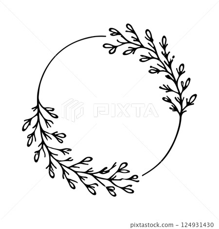 A minimalist botanical wreath composed of clean, hand-drawn lines and simple leafy branches arranged into a perfect circular shape. A minimalist botanical wreath composed of clean, hand-drawn lines and simple leafy branches arranged into a perfect circular shape. 124931430