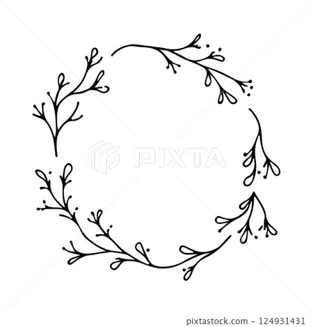 A minimalist botanical wreath composed of clean, hand-drawn lines and simple leafy branches arranged into a perfect circular shape. A minimalist botanical wreath composed of clean, hand-drawn lines and simple leafy branches arranged into a perfect circular shape. 124931431