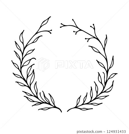 A minimalist botanical wreath composed of clean, hand-drawn lines and simple leafy branches arranged into a perfect circular shape. 124931433