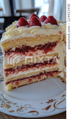 Minimalist layered cake with vivid strawberry and cream layers, geometric cut and smooth textures on matte pedestal, styled with artistic props in a spotlighted gallery-like background 124931456