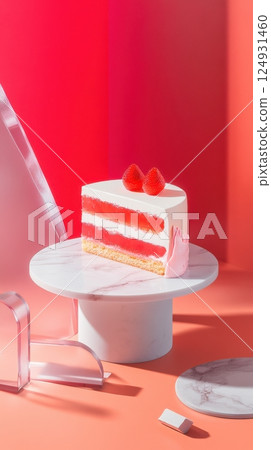 Sculptural cake with strawberry puree and cream layers, geometric cut, minimal backdrop and curated food styling 124931460