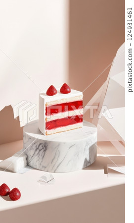 Sculptural cake with strawberry puree and cream layers, geometric cut, minimal backdrop and curated food styling 124931461