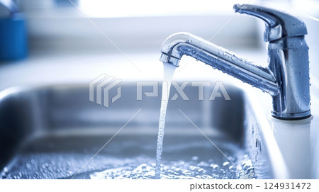 Sparkling chrome kitchen sink and faucet on white surface with water droplets, reflecting cleanliness, freshness, and minimalist interior beauty. 124931472