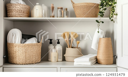 Open cabinet filled with neatly labeled cleaning supplies and eco materials, showcasing home organization and practical, minimalist interior care. 124931479