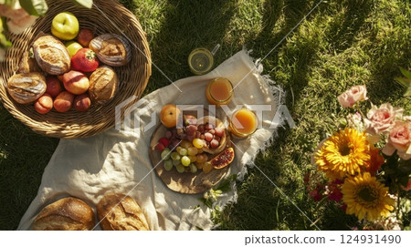Bright summer picnic with fruits, fresh flowers, and rustic textures on grass, expressing warmth, joy, and the relaxed charm of solstice season living. 124931490