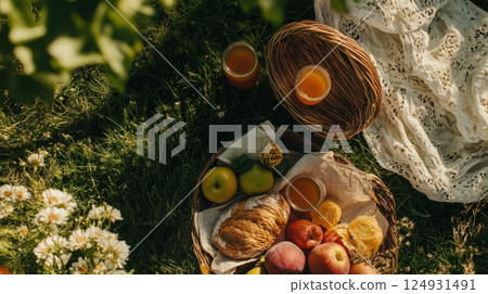 Bright summer picnic with fruits, fresh flowers, and rustic textures on grass, expressing warmth, joy, and the relaxed charm of solstice season living. 124931491