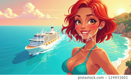 Joyful woman by a cruise ship. 124931601