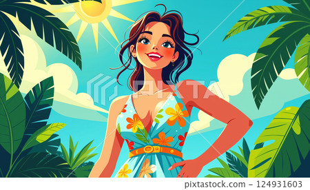 Smiling woman in floral dress. 124931603