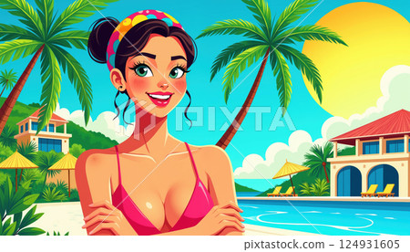 A woman in a pink bikini at a tropical resort. 124931605