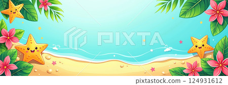 Tropical beach scene with starfish and flowers. 124931612