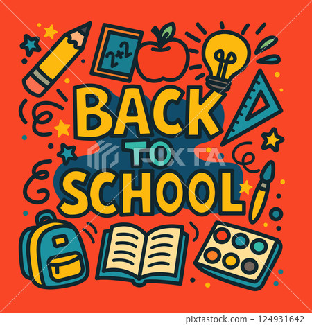 Bright Red Cartoon Style Back to School Card. Vector Illustration EPS10 Bright Red Cartoon Style Back to School Card. Vector Illustration EPS10 124931642