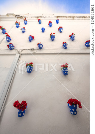 Cordoba town in Spain. Red flowers in blue polka dot pots adorn a white wall, creating a charming and vibrant display. 124931661