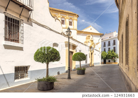 Cordoba town in Spain. Sun-drenched European street scene with whitewashed buildings, lush greenery, and a tranquil atmosphere. 124931663