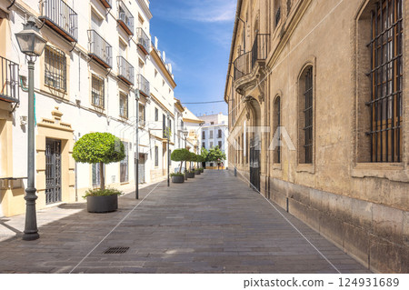 Cordoba town in Spain. Sunlit European street scene with historic buildings and lush greenery. Perfect for travel or architectural projects. Cordoba town in Spain. Sunlit European street scene with historic buildings and lush greenery. Perfect for travel or architectural projects. 124931689