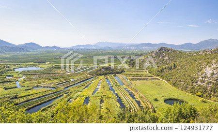 Delta of the Neretva river near the mouth of river into Adriatic Sea, Croatia, Europe. Picturesque view of agricultural fields and waterways nestled between rolling hills under a bright blue sky. Delta of the Neretva river near the mouth of river into Adriatic Sea, Croatia, Europe. Picturesque view of agricultural fields and waterways nestled between rolling hills under a bright blue sky. 124931777