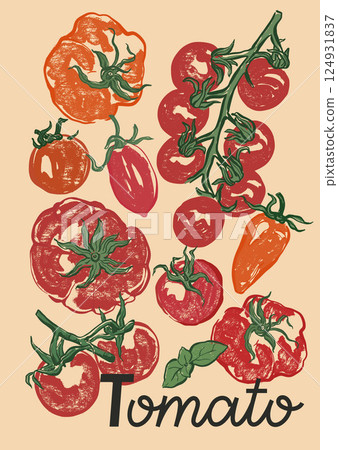 Vector poster with Mediterranean tomatoes and short phrase. Hand-drawn card isolated on white and blue background. Tasty food for design, print, fabric or background. 124931837