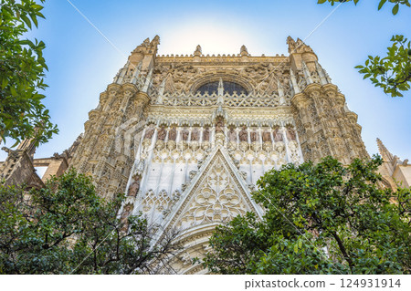 Seville Cathedral, The Cathedral of Saint Mary of the See in Seville town, Andalusia, Spain, Europe. Ornate cathedral facade, detailed stonework, soaring architecture against a bright blue sky. 124931914