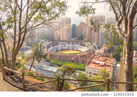 Malaga, seaside city in Andalusia, Spain, Europe. Elevated view of a bullring nestled within a city landscape, surrounded by buildings and trees. 124931919